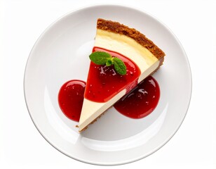 Overhead Shot of a Slice of Cheesecake with Raspberry Sauce on White Plate