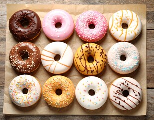 Top-Down View of Donuts with Colorful Icing Arranged on Parchment Paper