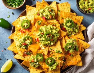 Top-Down View of Loaded Nachos with Melted Cheese, Jalapeños, and Guacamole