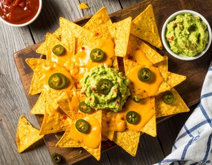 Top-Down View of Loaded Nachos with Melted Cheese, Jalapeños, and Guacamole