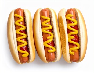 Top-Down View of Hot Dog with Mustard and Ketchup Isolated on White Background