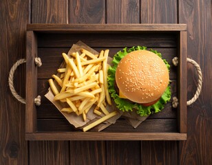 Top-Down View of Classic American Cheeseburger with Fries on Rustic Tray