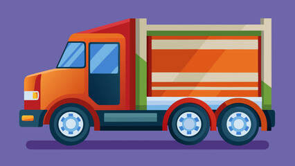 Colorful flat design illustration of a modern orange garbage truck on a purple background