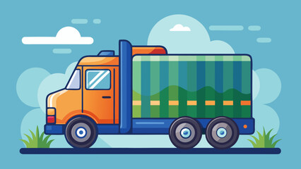 Naklejka premium Colorful cartoon truck with a green striped cargo bed driving on a road