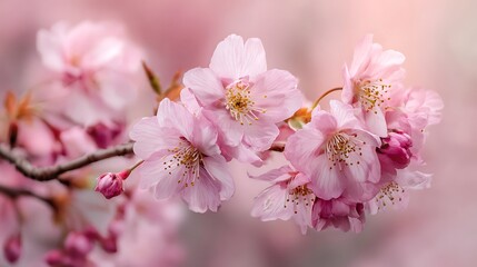 Naklejka premium Delicate pink cherry blossoms bloom on a tree branch with soft focus background