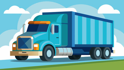 Fototapeta premium Modern blue semi truck driving on a road with clouds in the sky