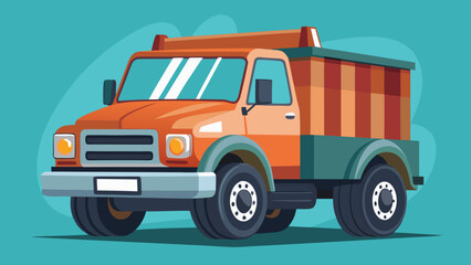 Brightly colored orange truck with striped cargo bed on teal background