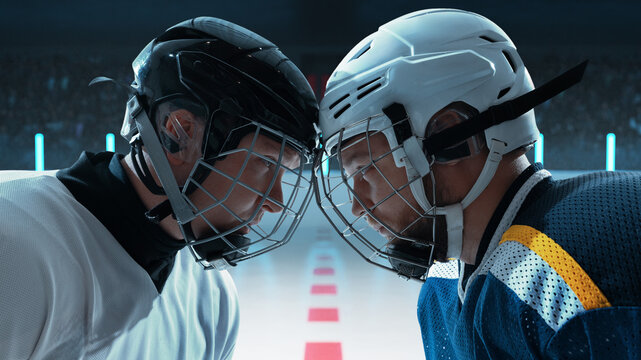 Two ice hockey players facing each other, helmets touching, intensity in their eyes, on 3D ice rink. Concept of game preparation, tension before competition and sports intensity