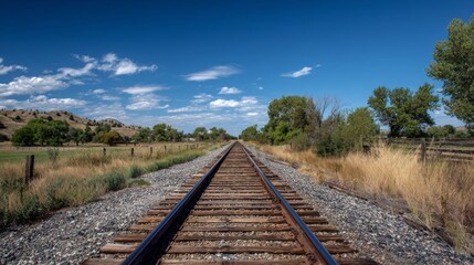 A long stretch of railroad tracks disappearing into the distance under a clear blue sky, with a rural landscape on either side