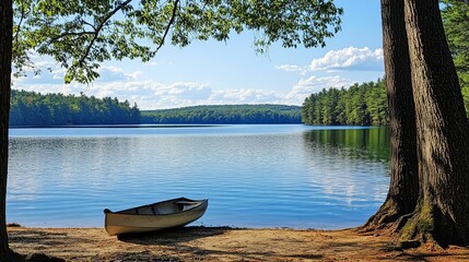 Obraz premium Serene lakeside scene with a canoe resting on a sandy shore, framed by lush trees under a partly cloudy sky