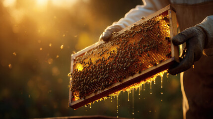 Honeycomb Frame with Beekeeper, and Sunset.