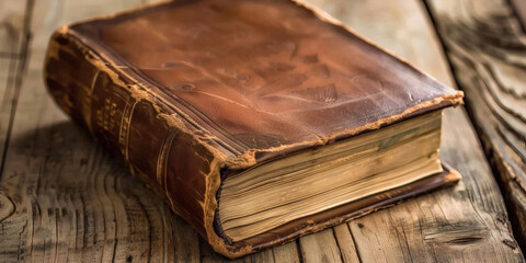 Antique LeatherBound Book on Wooden Table.