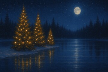 Naklejka premium Magical snowy Christmas village with glowing houses, cozy fireplace room, and child watching snowfall on Christmas Eve — perfect festive holiday winter scenes