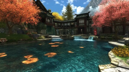 Serene Asian-inspired estate nestled in a mountainous landscape, featuring a tranquil pond, cascading waterfalls, and vibrant autumn foliage