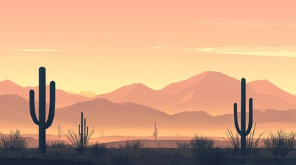 Serene desert sunset landscape featuring silhouetted cacti against a range of soft orange mountains under a pale sky