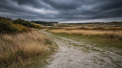 A dirt road winds through a grassy field under a dramatic, overcast sky, leading towards a distant, sandy landscape