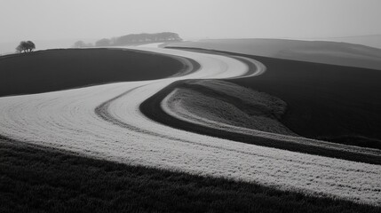 Serpentine farmland road winding through monochrome fields, creating abstract patterns against a hazy sky