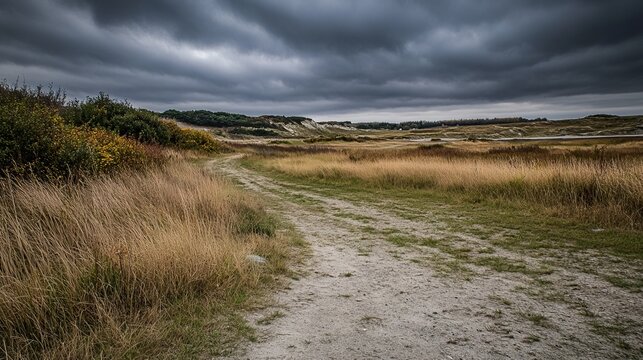 A dirt road winds through a grassy field under a dramatic, overcast sky, leading towards a distant, sandy landscape