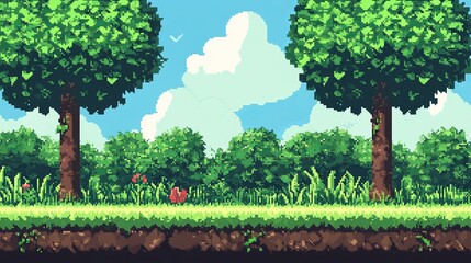 Pixel art depicting a sunny day in a lush green forest with two prominent trees, grass, and a small bird