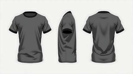 Short sleeve white t-shirt with black accents mockup shown in front, side, and back views, high-quality 3D rendering for fashion branding, t-shirt design, or clothing presentation