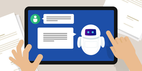 Hands interacting with tablet displaying a chatbot interface, showing a conversation with an AI assistant on a digital screen with document papers nearby