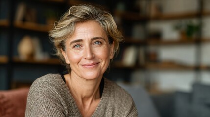 A middle-aged woman with a kind smile and bright eyes, sitting in a cozy home setting