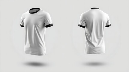 Short sleeve white t-shirt with black accents mockup shown in front, side, and back views, high-quality 3D rendering for fashion branding, t-shirt design, or clothing presentation