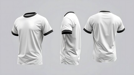 Short sleeve white t-shirt with black accents mockup shown in front, side, and back views, high-quality 3D rendering for fashion branding, t-shirt design, or clothing presentation