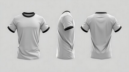 Short sleeve white t-shirt with black accents mockup shown in front, side, and back views, high-quality 3D rendering for fashion branding, t-shirt design, or clothing presentation