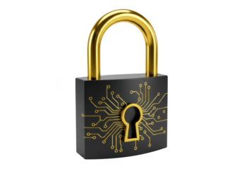 A black padlock with gold accents and a circuit board design isolated on transparent background