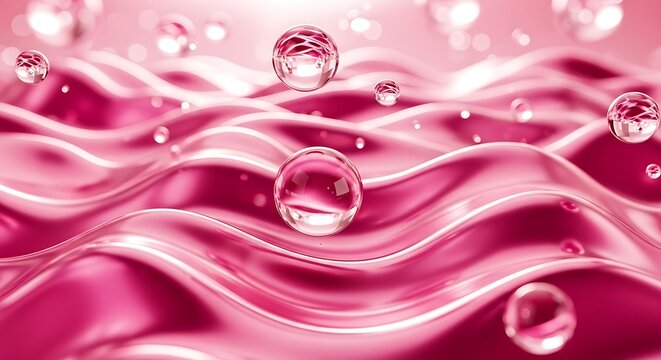 Glossy Pink Fluid Waves With Bubbles Abstract Background For Beauty And Skincare Products