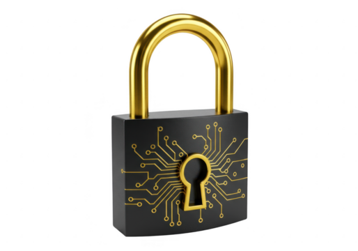 A black padlock with gold accents and a circuit board design isolated on transparent background