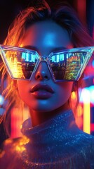 Woman with glowing glasses in a neon city portrait