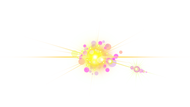Golden starburst lens flare with pink bokeh, transparent background