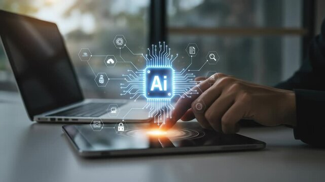 Artificial intelligence concept depicting an adult hand interacting with a glowing AI chip hologram on a digital tablet, symbolizing future technology innovation data processing in an office setting. - Powered by Adobe