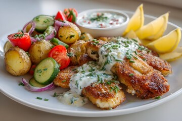 Delicious pan-fried tilapia fillets with herb dressing, roasted potatoes and crisp salad, plated in natural light for a clean summer look.