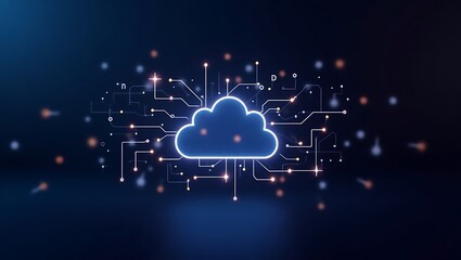 A glowing blue cloud surrounded by digital lines and dots on a dark blue background design