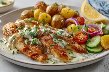 Golden pan-fried tilapia with creamy yogurt-lemon sauce, baby potatoes with rosemary, and fresh salad on a white plate in bright natural light.