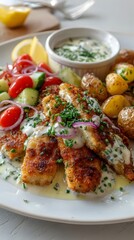 Mediterranean-inspired plate of tilapia, golden and crisp, paired with creamy sauce, fresh salad and lemon potatoes, bright kitchen scene.
