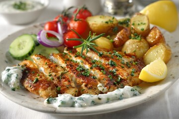 Summery dish with tilapia fillet, creamy sauce, roasted baby potatoes and herb salad, presented on a minimalist white plate in daylight.