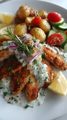 Flaky tilapia with creamy lemon sauce, roasted potatoes, and garden salad on white ceramic plate, clean and light summer meal setting.