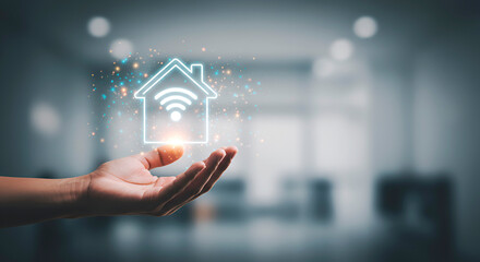 Man holding glowing house symbol with Wi-Fi icon. High tech and smart home concept. Illustration with space for text

