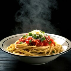 Steaming Spaghetti Serving With Tomato Sauce and Garnished Vegetables