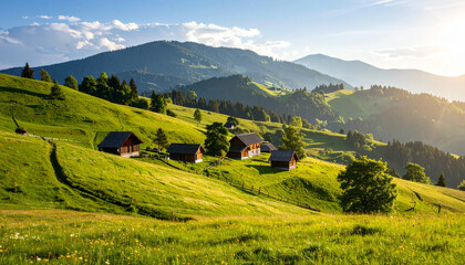 Obraz premium Scenic view showcasing wooden cabins nestled on lush green hills under a bright sky.