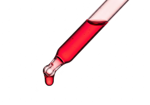 A single drop of red liquid falls from a glass dropper isolated on transparent background