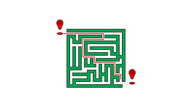 Two location points with a green maze connected by a red line. Alpha Channel, 4K animated video.