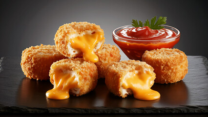 Golden fried cheese bites oozing with molten cheddar beside a bowl of bright red ketchup on dark