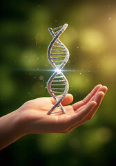  DNA in hand on neutral natural golden green background