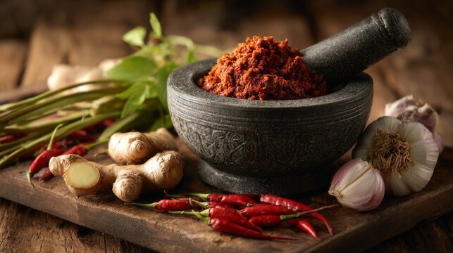 A mortar with freshly ground red curry paste, surrounded by raw ingredients like bird's eye chilies, garlic, and ginger, showcasing traditional Thai cooking