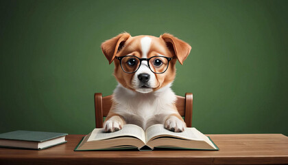 Cute dog in glasses at table with opened book, studying, studio portrait